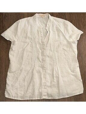 Choices Women’s White 100% Linen Pintuck Button Front Blouse Size Large Preppy